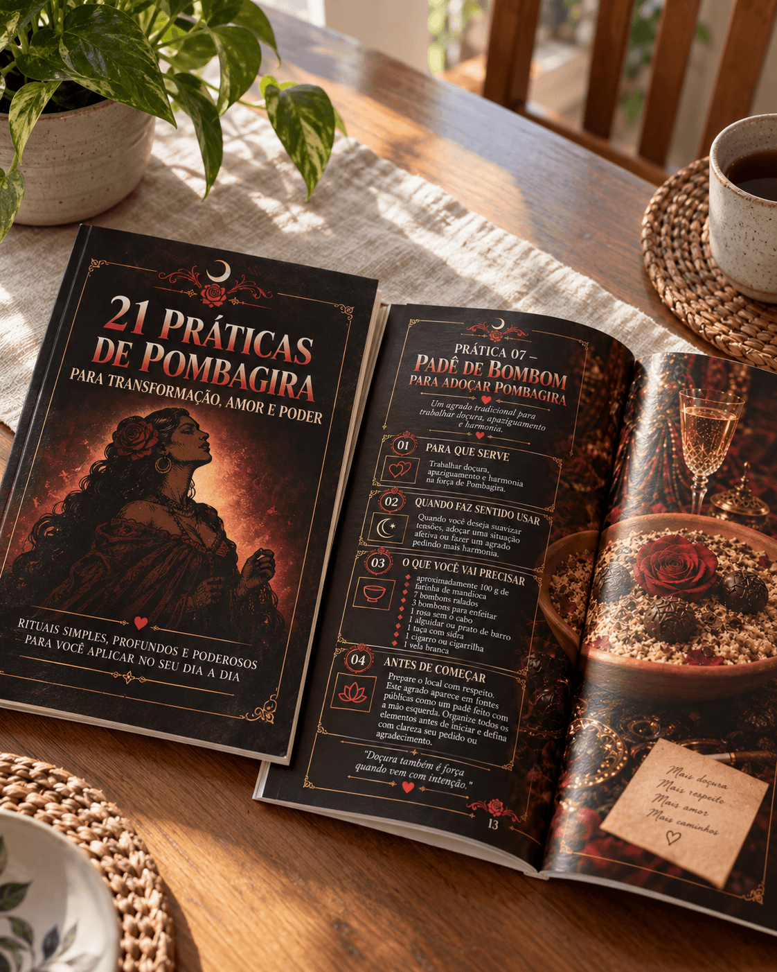Guia 21 Práticas de Pombagira: capa e páginas internas abertas sobre a mesa